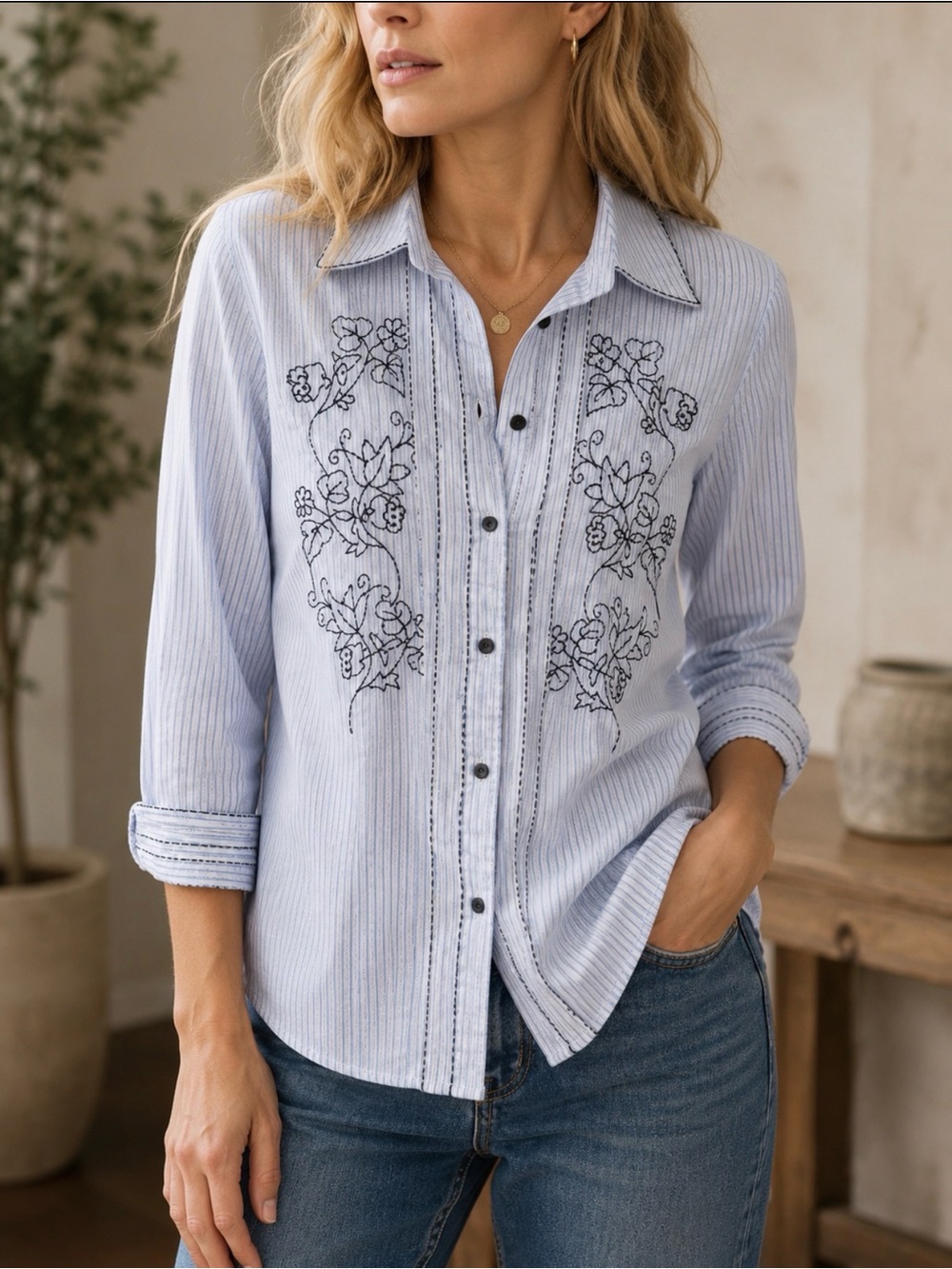 Pursuits Ltd Cotton Striped Embroidered Button Down Shirt Sz 14